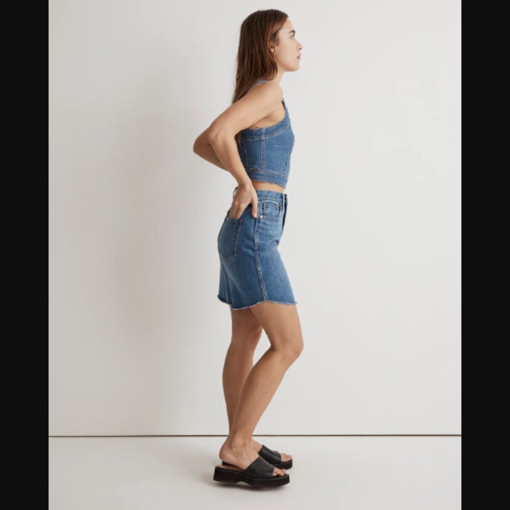 NWT Madewell Denim Dolphin-Hem Rigid Denim A-Line Blue Jean Mini Skirt 28 $79.50 - Picture 2 of 12